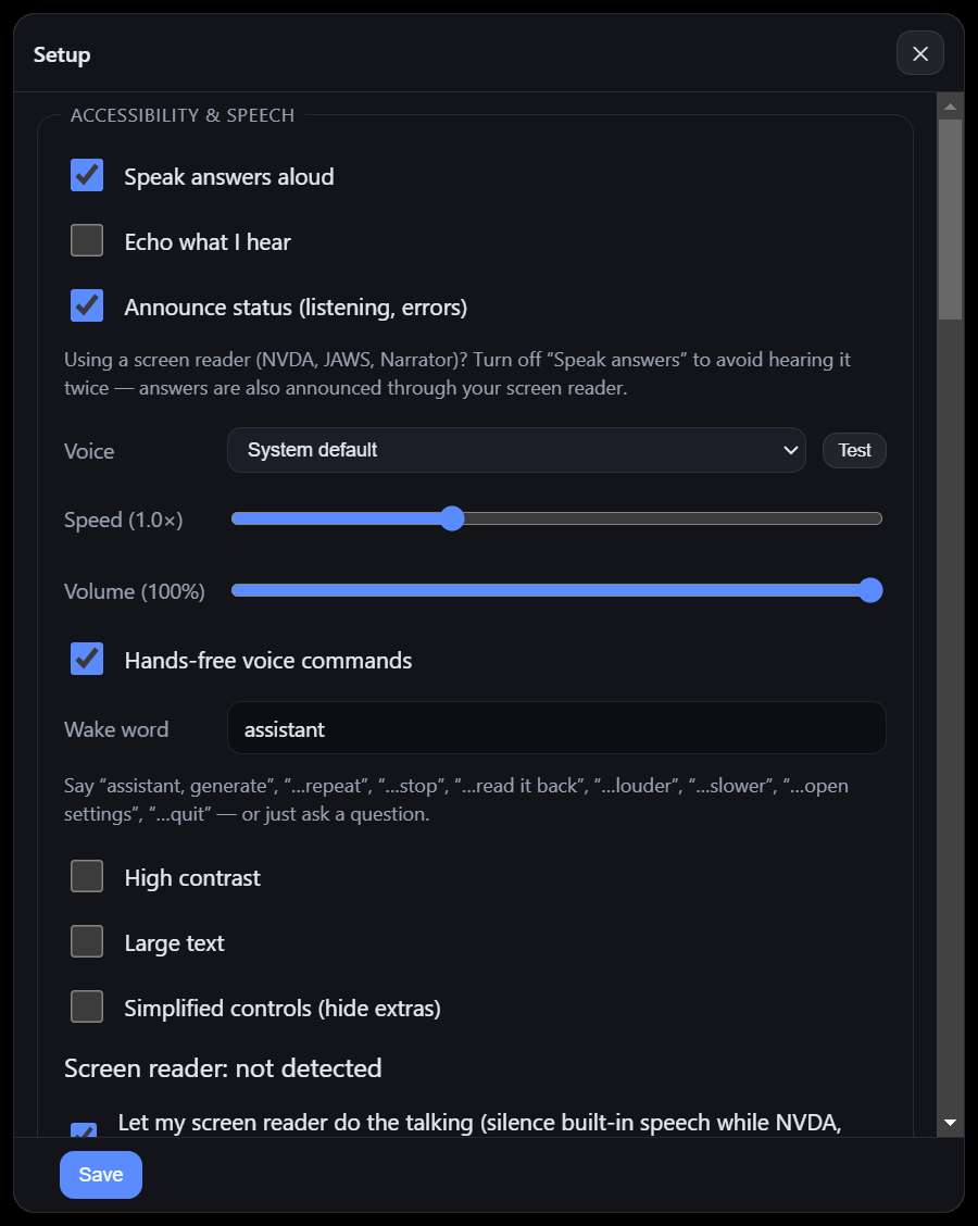 Screenshot of the Setup window, Accessibility and Speech section: Speak answers aloud, Announce status, voice, speed and volume, hands-free voice commands with a wake word, high contrast, large text, simplified controls, and a screen reader status line.