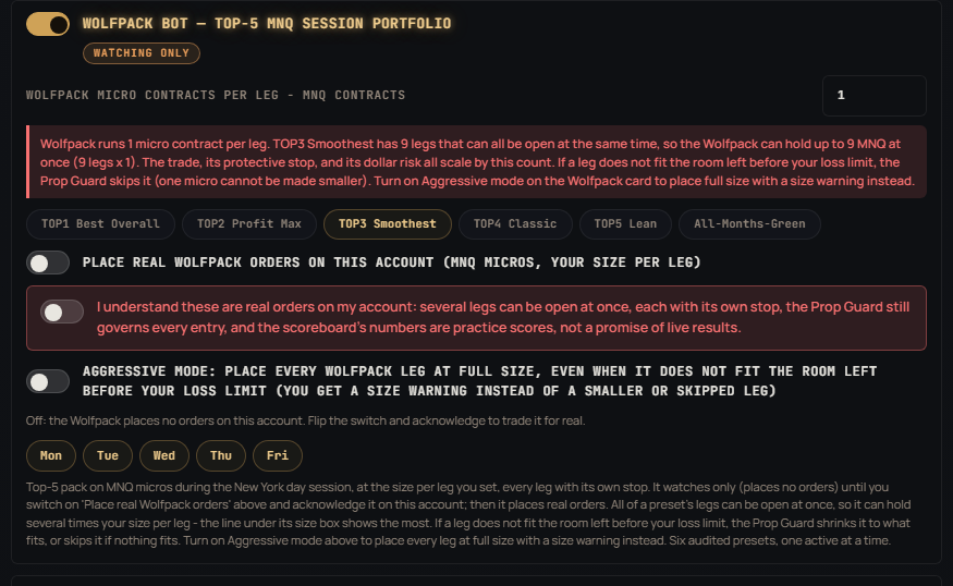The Wolfpack Bot card with its six preset chips, micro count per leg and the real-order switch